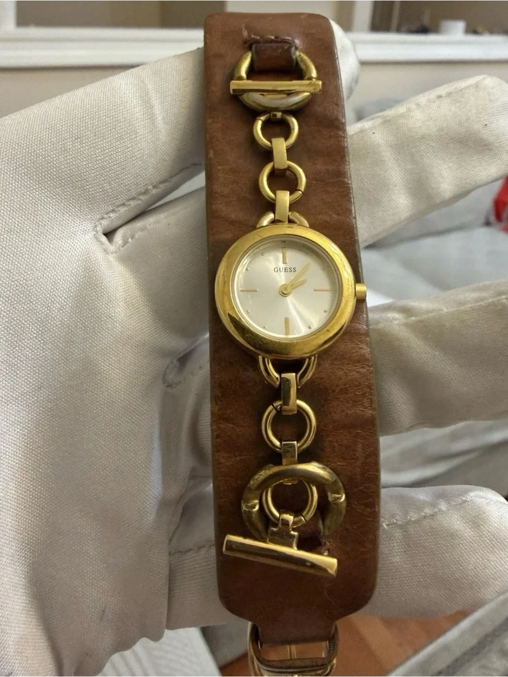 Vintage GUESS Women's Gold Tone Chain Link Leather Cuff Watch